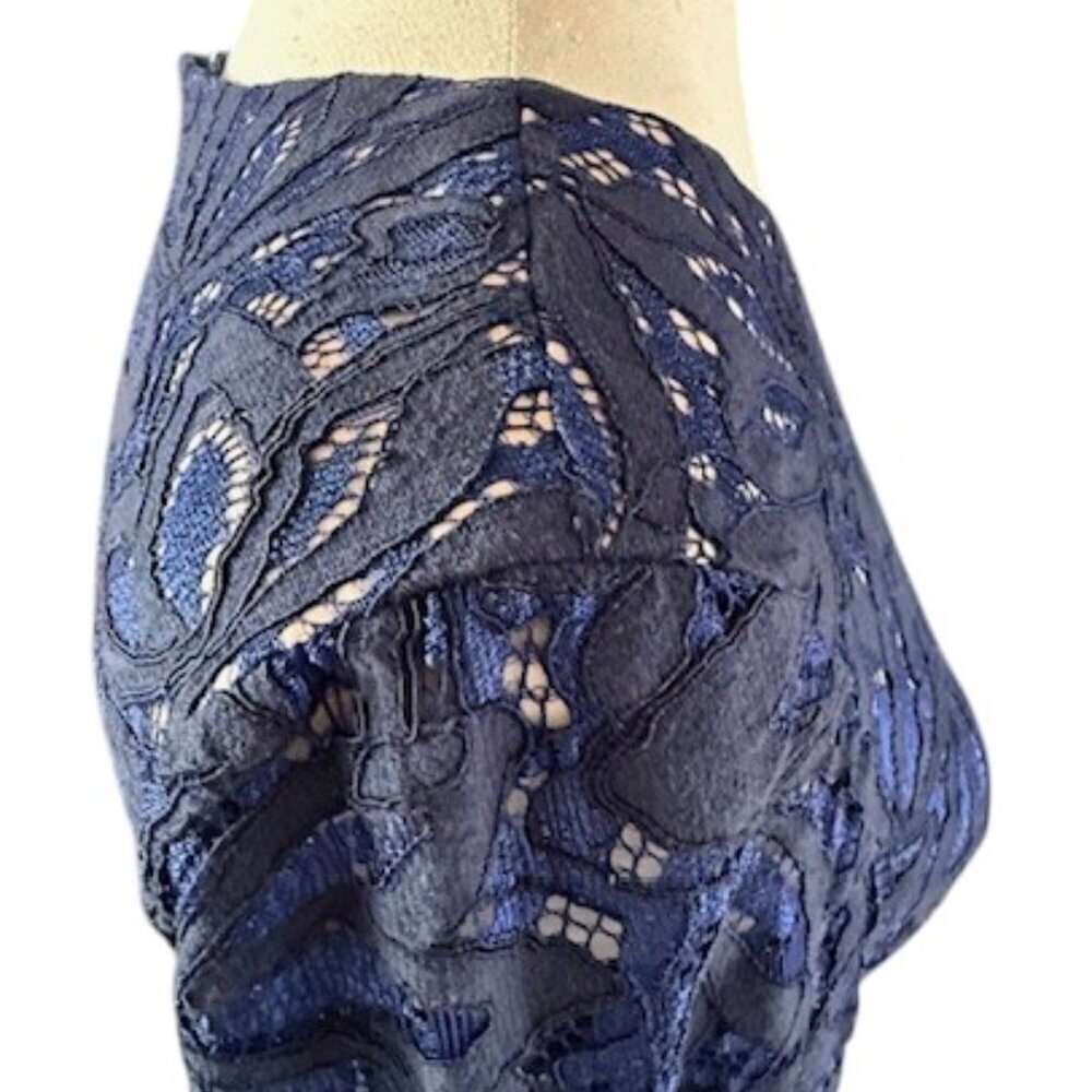 ELIZA J Reverie Navy Blue Nude Lined Lace Dress Bell Sleeves Fit Flare Size 8 - Picture 9 of 16